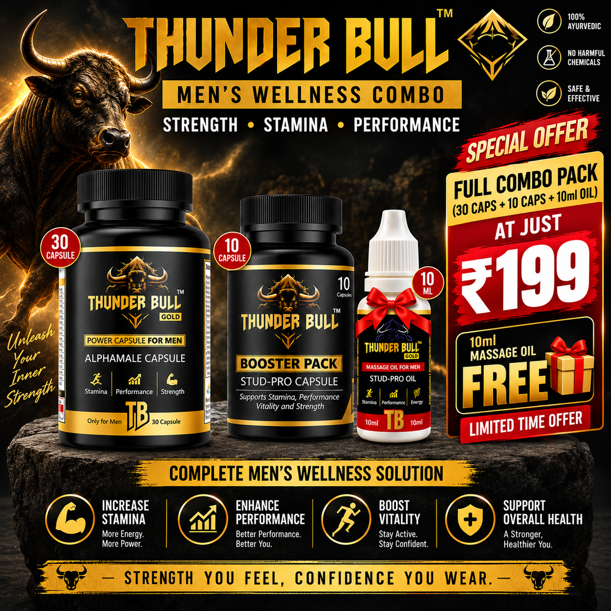 Thunder Bull™ Men’s Wellness Combo – Alphamale Capsules (30 Caps) + Booster Pack Stud-Pro Capsules (10 Caps) + Free Stud-Pro Massage Oil (10ml)