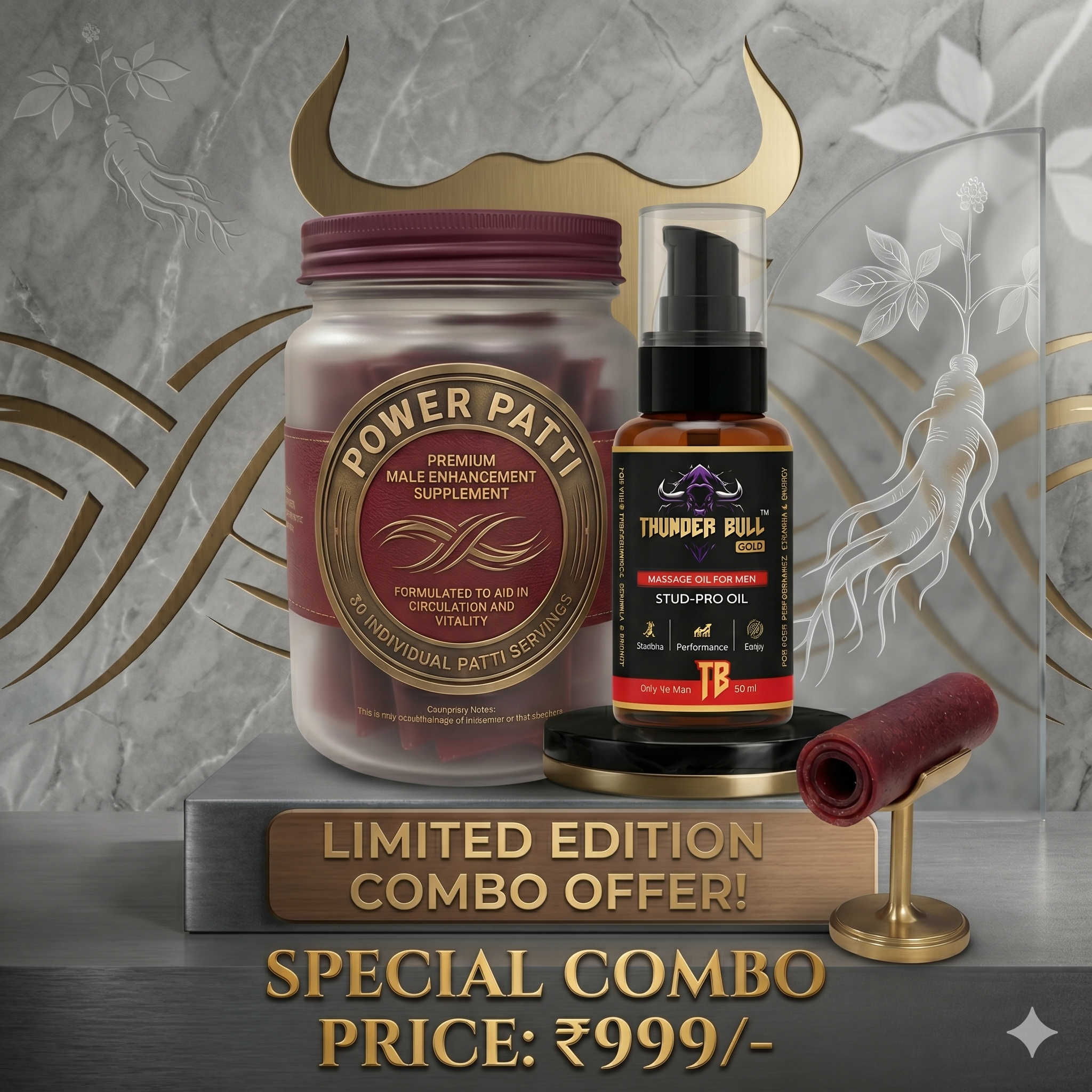 Ayurveda Mantra Limited Edition Combo – Power Patti Premium Male Enhancement Servings & Thunder Bull Gold Stud-Pro