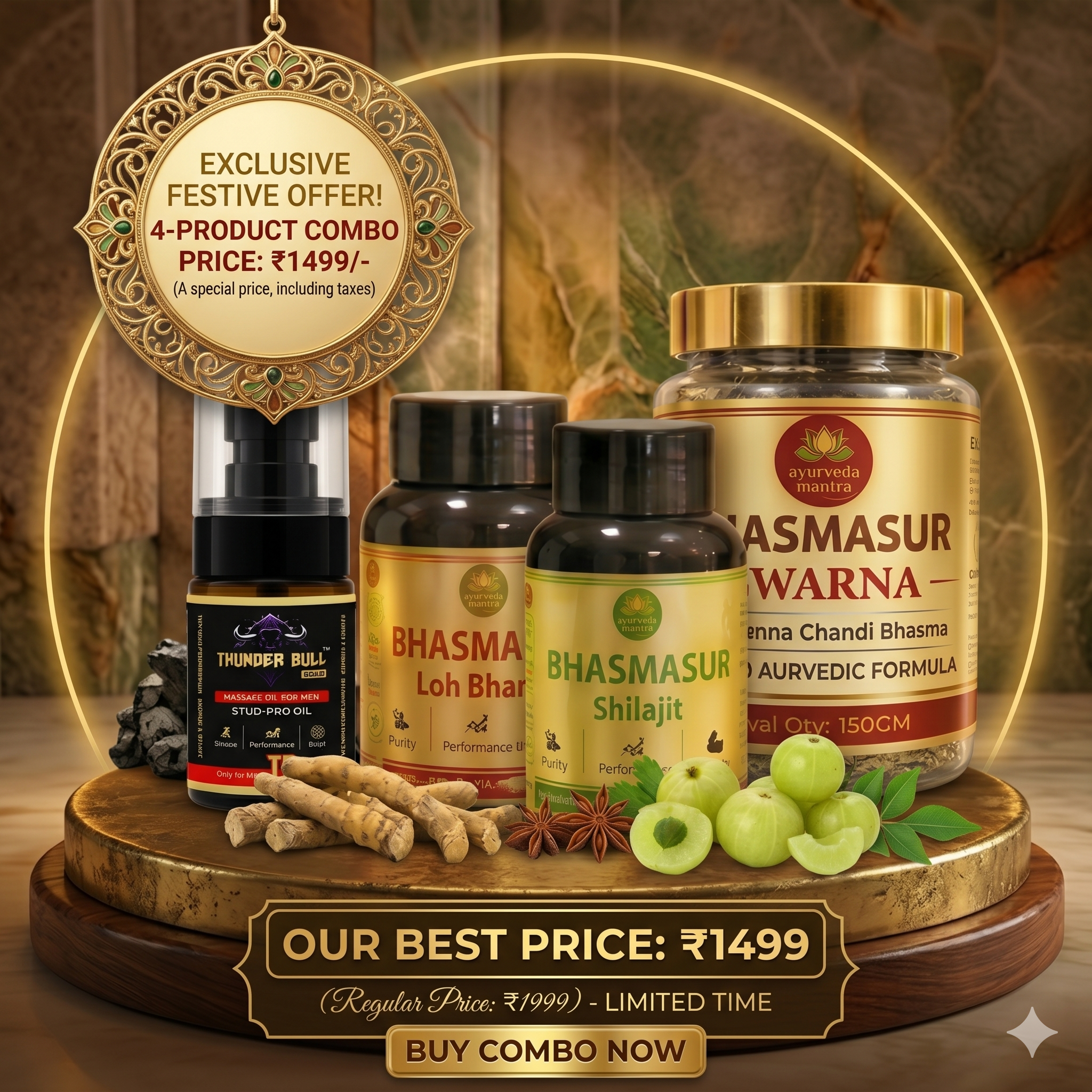 Ayurveda Mantra Imperial 4-Product Festive Combo – Swarna Gold Prash, Pure Shilajit, Loh Bhasm & Thunder Bull Gold Stud-Pro