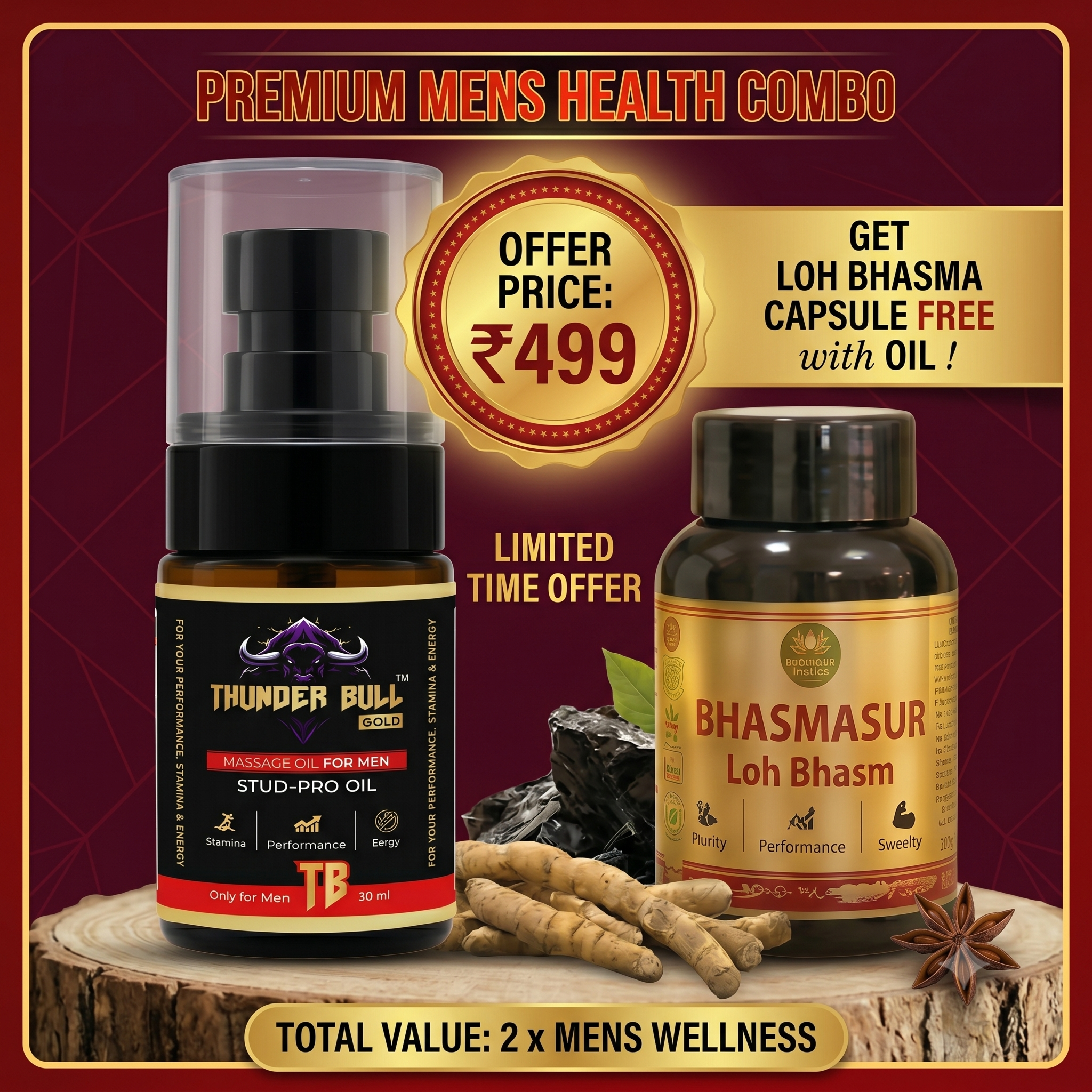 Premium Men's Health Combo – Thunder Bull Gold Stud-Pro + Free Bhasmasur Loh Bhasm Capsules